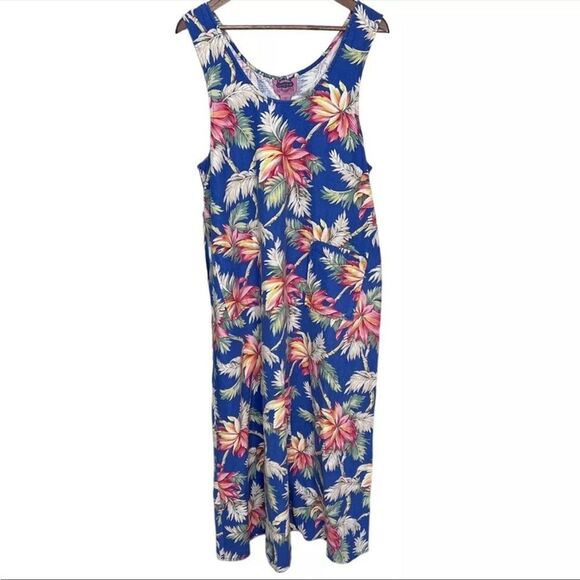 Vintage Dresses & Skirts - Vintage Jumper Maxi Dress Linen Blend Floral Coastal Boho Tropical Vacation